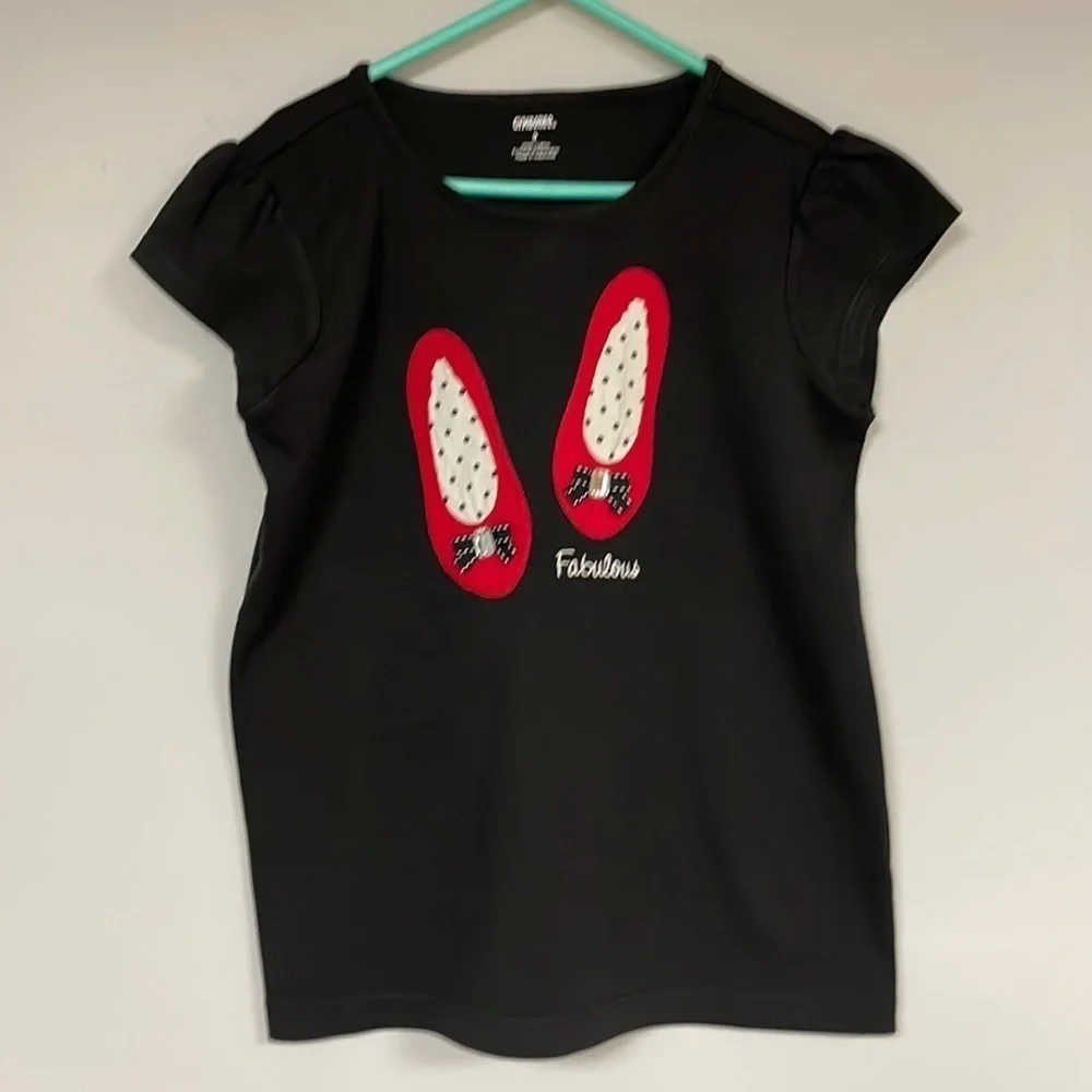 Girls' Gymboree black Ballerina Shoes Tee, Size 9, embordered fabric & Ribbons